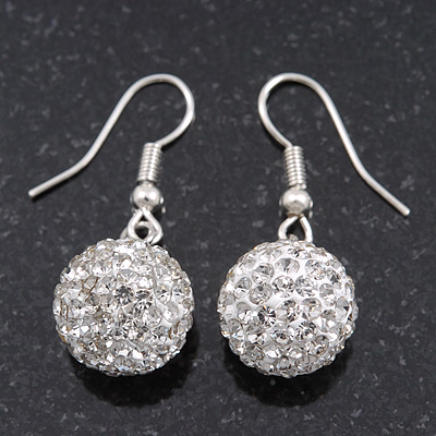 Clear Swarovski Crystal Ball Drop Earrings In Silver Plated Finish - 12mm Diameter/ 3cm - main view
