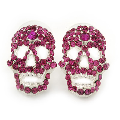 Small Dazzling Fuchsia Crystal Skull Stud Earrings In Silver Plating - 2cm Length - main view