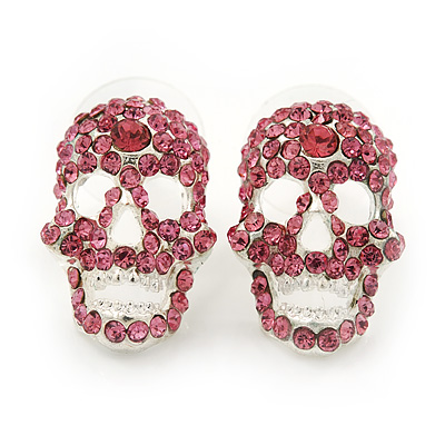 Small Dazzling Pink Crystal Skull Stud Earrings In Silver Plating - 2cm Length - main view