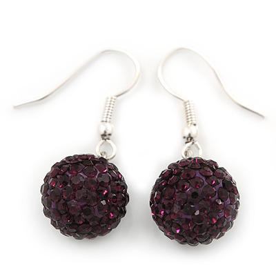 Deep Purple Crystal Ball Drop Earrings In Silver Plated Finish - 12mm Diameter/ 3cm Length - main view