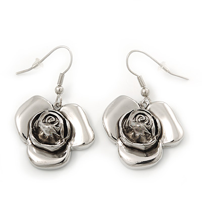 Silver Plated 'Rose' Drop Earrings - 4cm Length - main view