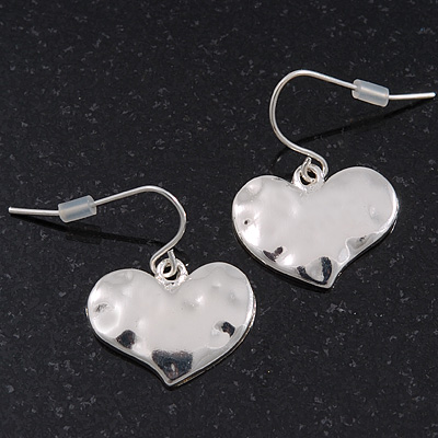 Small Hammered 'Heart' Drop Earrings In Silver Plating - 2cm Length - main view