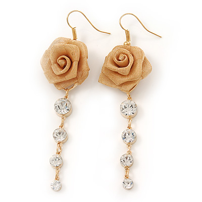 Gold Plated Mesh Crystal 'Rose' Drop Earrings - 8cm Length - main view