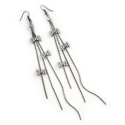 Long Tassel With Crystal Bow Earrings In Gun Metal - 15cm Length - main view