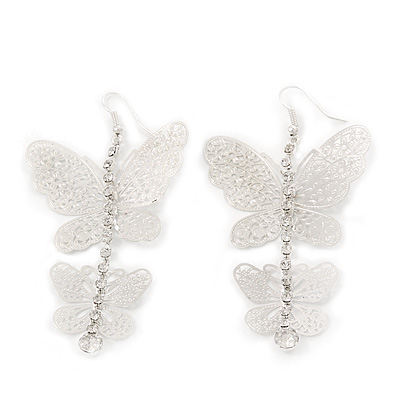 Long Lightweight Filigree Diamante 'Butterfly' Earrings In Silver Plating - 8cm Length - main view