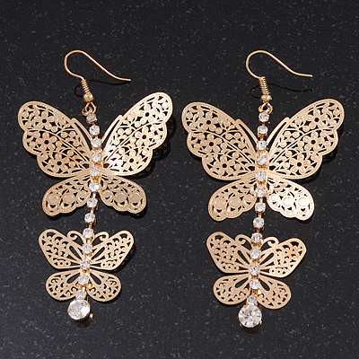 Long Lightweight Filigree Diamante 'Butterfly' Earrings In Gold Plated Metal - 8cm Length - main view