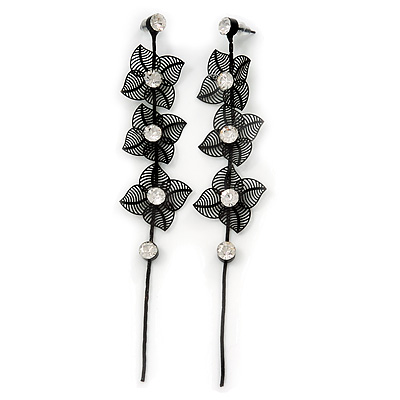 Long Black Floral Filigree Drop Earrings - 12.5cm Length - main view