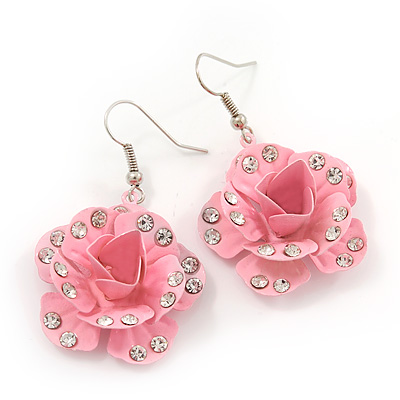 3D Light Pink Diamante 'Rose' Drop Earrings In Silver Plating - 5cm Length - main view