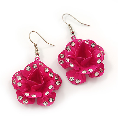 3D Deep Pink Diamante 'Rose' Drop Earrings In Silver Plating - 5cm Length - main view