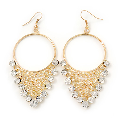 Clear Crystal Chain Hoop Earrings In Gold Plated Metal - 8cm Length