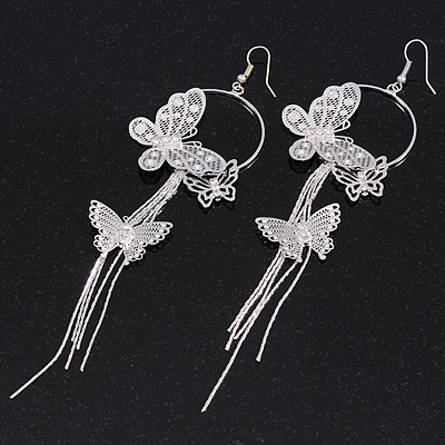 Long Delicate Filigree Butterfly Drop Earrings In Silver Plating - 13cm Length - main view