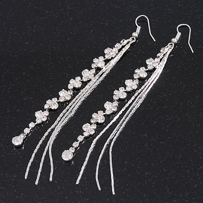 Long Silver Plated Clear Diamante 'Tassel' Drop Earrings - 11cm Length - main view