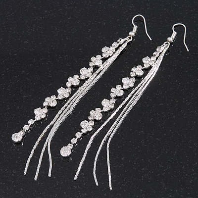 Dangle Earrings Avalaya Long Silver Plated Clear Diamante Tel Drop Earrings 11cm Length