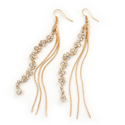 Long Gold Plated Clear Diamante 'Tassel' Drop Earrings - 11cm Length