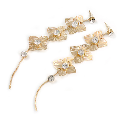 Long Gold Tone Floral Filigree Drop Earrings - 12.5cm Length - main view