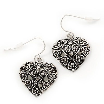 Marcasite Burn Silver Tone 'Heart' Drop Earrings - 3cm Length - main view