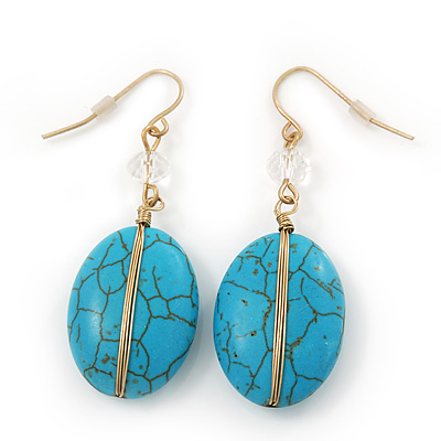 Gold Plated Turquoise Stone Wired Bead Drop Earrings - 5cm Length