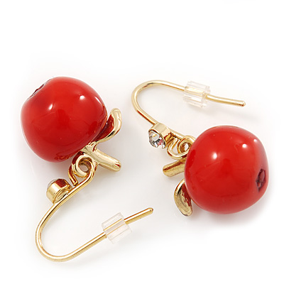 Small Red Resin 'Apple' Drop Earrings In Gold Plating - 2.8cm Length - main view