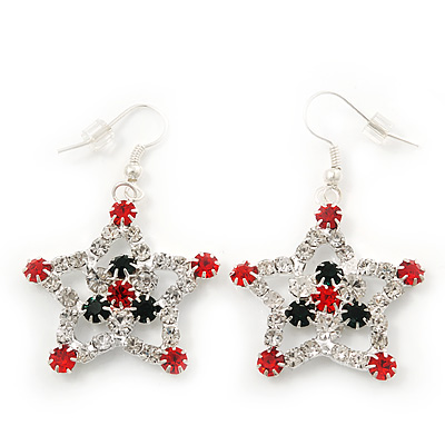 Red/Green/White Crystal 'Christmas Star' Drop Earrings In Silver Plating - 5cm Length - main view