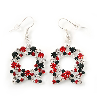Red/Green/White Crystal Christmas Holly Wreath Drop Earrings In Silver Plating - 5cm Length - main view