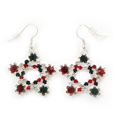 Red/Green/White Crystal 'Christmas Star' Drop Earrings In Silver Plating - 4.5cm Length - main view