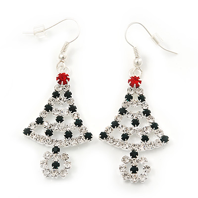 Green/Red/White Crystal 'Christmas Tree' Drop Earrings In Silver Plating - 5.5cm Length - main view