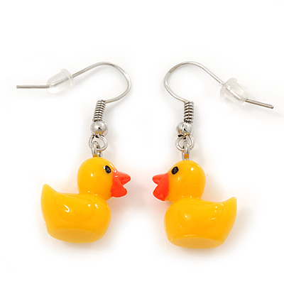 Cute Yellow Plastic 'Duck' Drop Earrings In Silver Plating - 3.5cm Length - main view