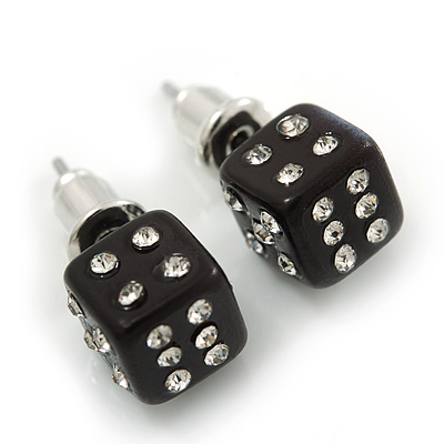 Tiny Black Crystal Plastic 'Dice' Stud Earrings In Silver Tone - 7mm Diameter - main view