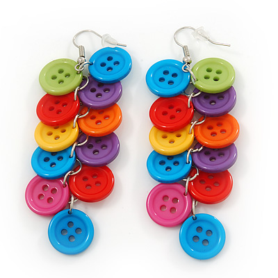 Long Multicoloured 'Button' Acrylic Drop Earrings In Silver Plating - 9cm Length - main view