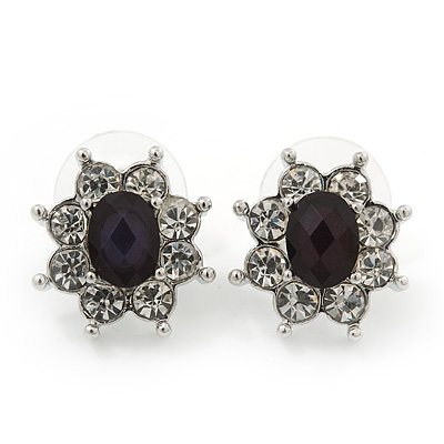 Small Black/Clear Diamante Stud Earrings In Silver Plating - 15mm In Length - main view