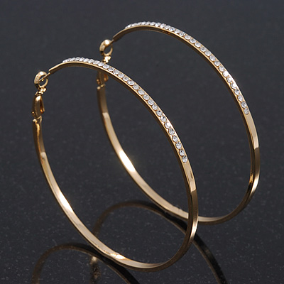 Large Clear Swarovski Crystal Hoop Earrings In Gold Plating - 7cm Diameter - main view
