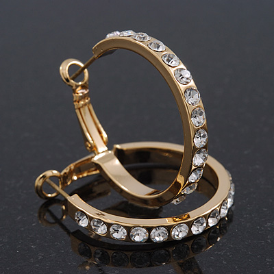 Clear Crystal Classic Hoop Earrings In Gold Plating - 3cm Diameter