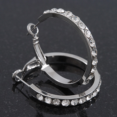 Clear Crystal Classic Hoop Earrings In Rhodium Plating - 3cm Diameter - main view