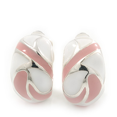 Pale Pink/White C-Shape Geometric Enamel Clip-on Earrings In Rhodium Plating - 20mm