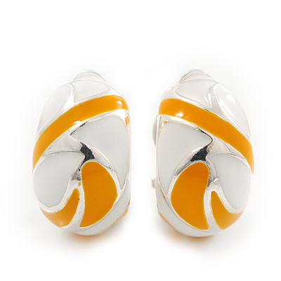 Yellow/White C-Shape Geometric Enamel Clip-on Earrings In Rhodium Plating - 20mm - main view
