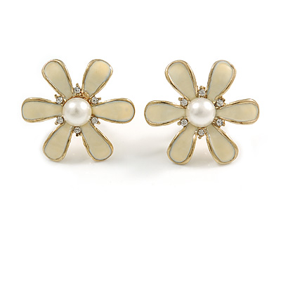 Cream Enamel Simulated Pearl Flower Stud Earrings In Gold Plating - 2cm D - main view