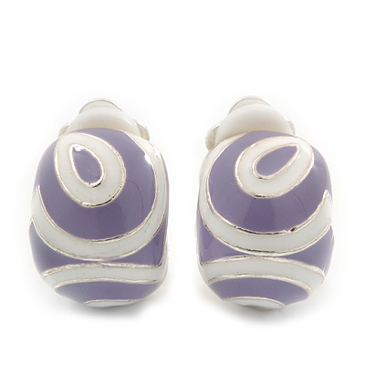 Lavender/White Enamel C-Shape Clip-on Earrings In Rhodium Plating - 15mm Length - main view