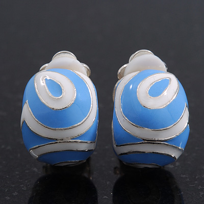 Blue/White Enamel C-Shape Clip-on Earrings In Rhodium Plating - 15mm Length - main view
