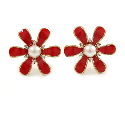 Red Enamel Simulated Pearl Flower Stud Earrings In Gold Plating - 2cm Diameter