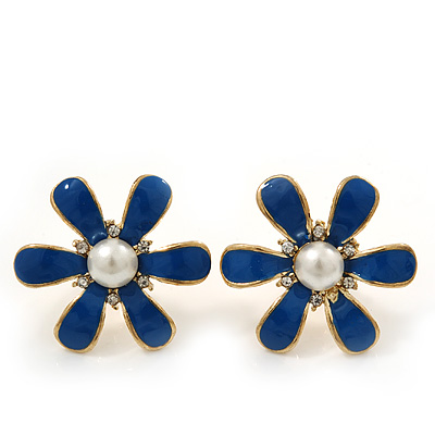 Blue Enamel Simulated Pearl Flower Stud Earrings In Gold Plating - 2cm Diameter - main view