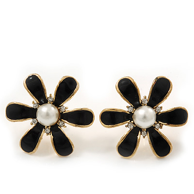 Black Enamel Simulated Pearl Flower Stud Earrings In Gold Plating - 2cm Diameter - main view