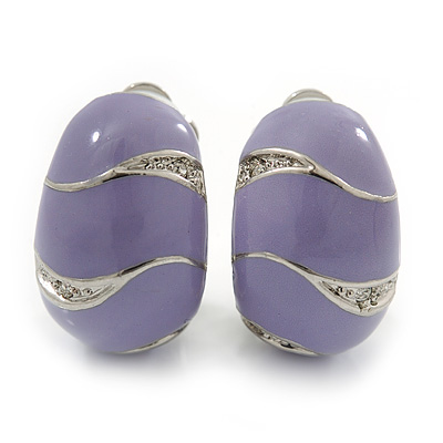 C-Shape Lavender Enamel Diamante Clip-On Earrings In Rhodium Plating - 18mm Length - main view
