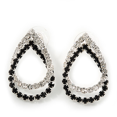 Black/Clear Crystal Open Teardrop Stud Earrings In Silver Plating - 3cm Length - main view