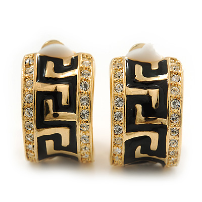 Small C-Shape Diamante 'Greek Pattern' Clip On Earrings In Gold Plating - 17mm Length - main view