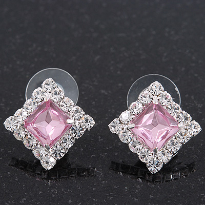 Light Pink/Clear Crystal Square Stud Earrings In Silver Plating - 15mm Diameter - main view