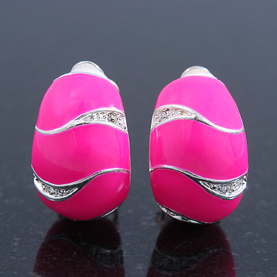 Small C-Shape Neon Pink Enamel Diamante Clip-On Earrings In Rhodium Plating - 18mm Length - main view