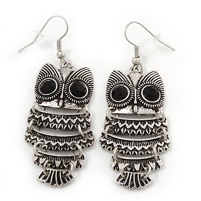 Vintage 'Owl' Drop Earrings In Burn Silver Finish - 6.5cm Length - main view