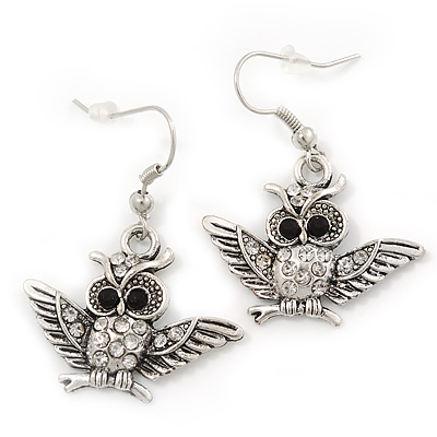 Burn Silver Crystal 'Owl' Drop Earrings - 4cm Length - main view