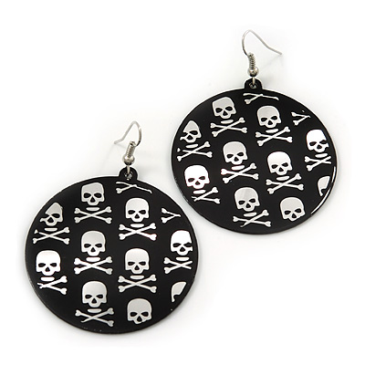 Black Round Metal 'Skull&Crossbones' Drop Earrings In Silver Plating - 6cm Length - main view
