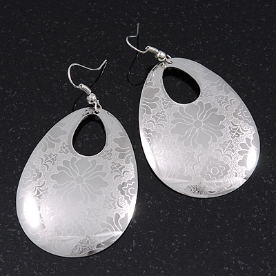 Metallic Silver Cut-Out Floral Oval Hoop Earrings - 6.5cm Length - main view
